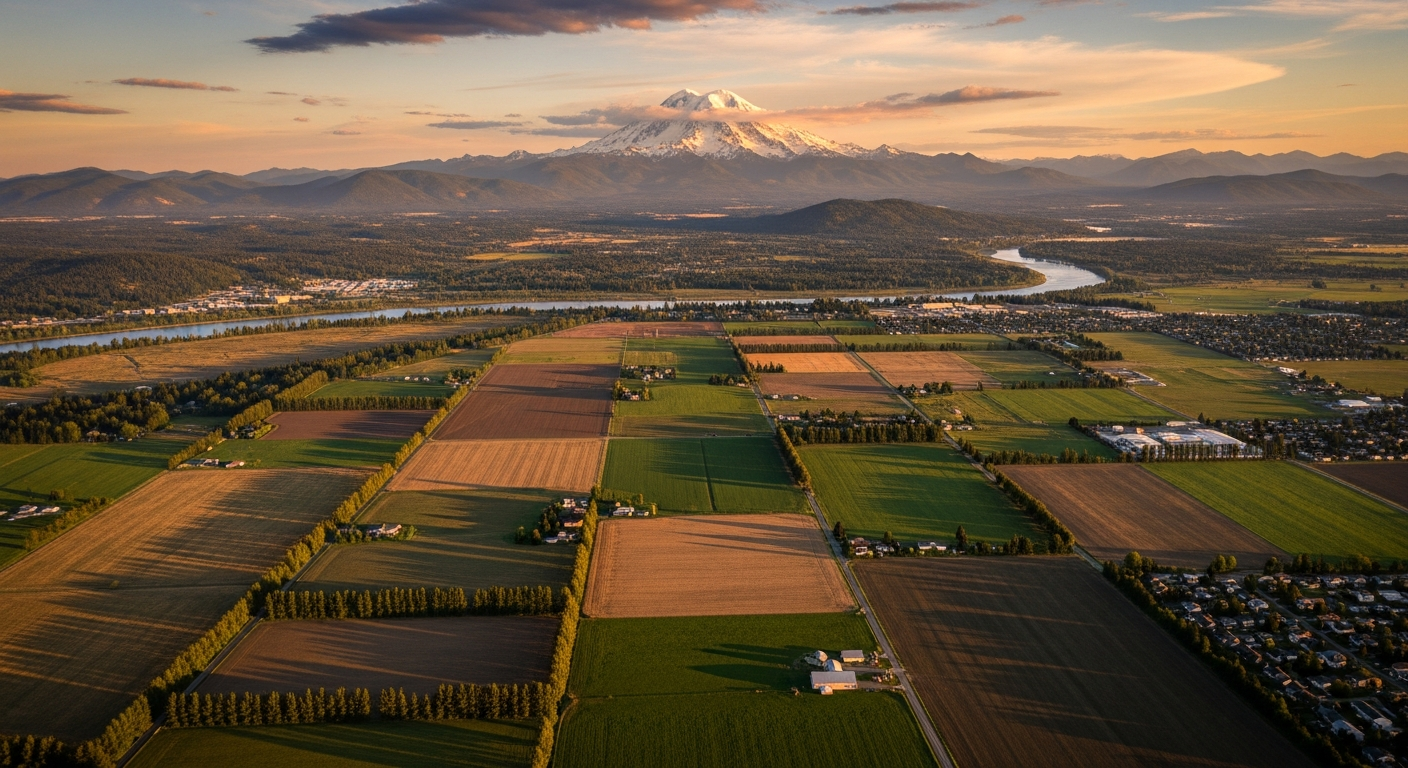 Abbotsford BC Fraser Valley aerial view at golden hour with Mount Baker in background