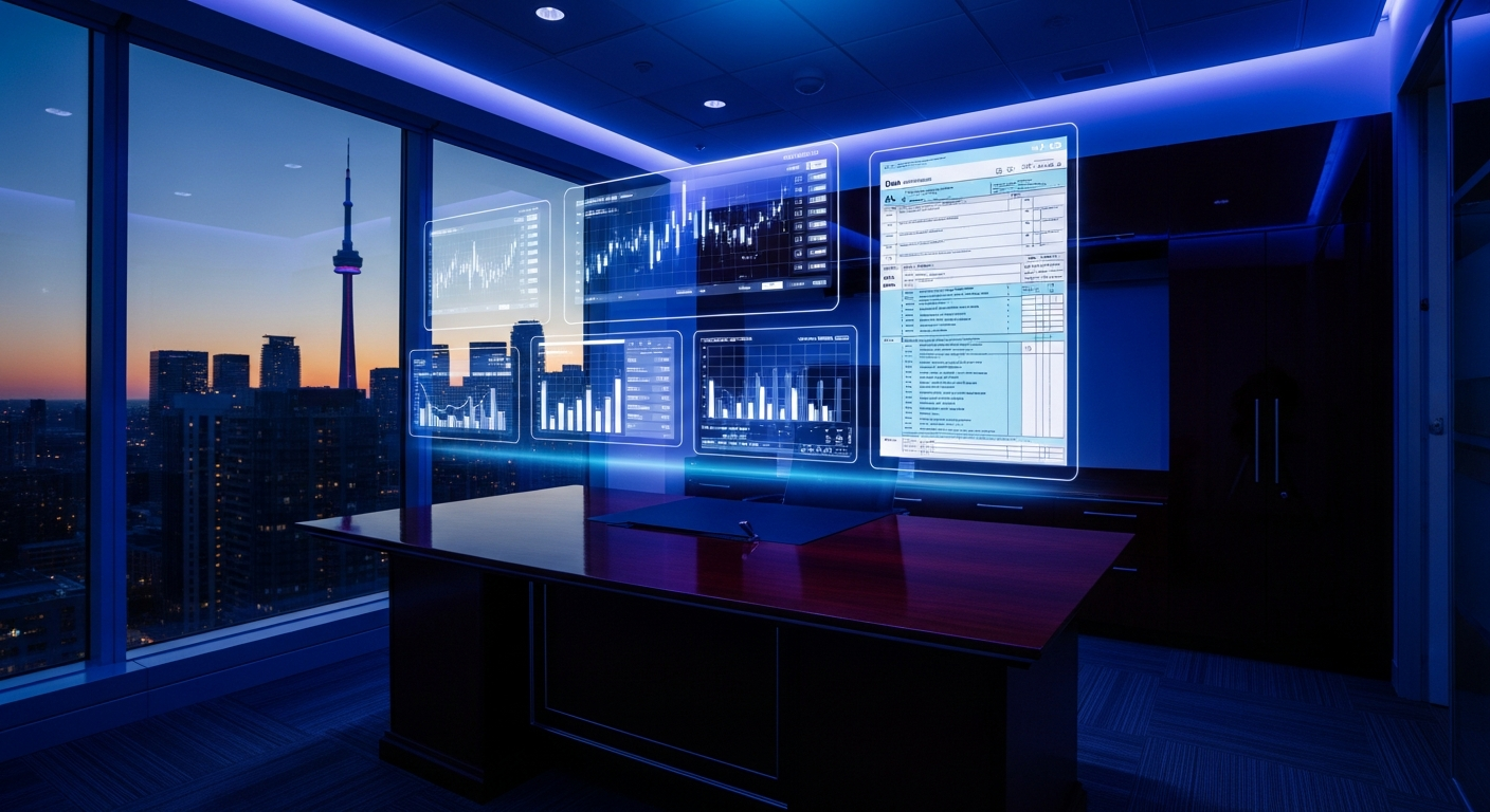 A premium Toronto accounting office at dusk with sapphire ambient lighting