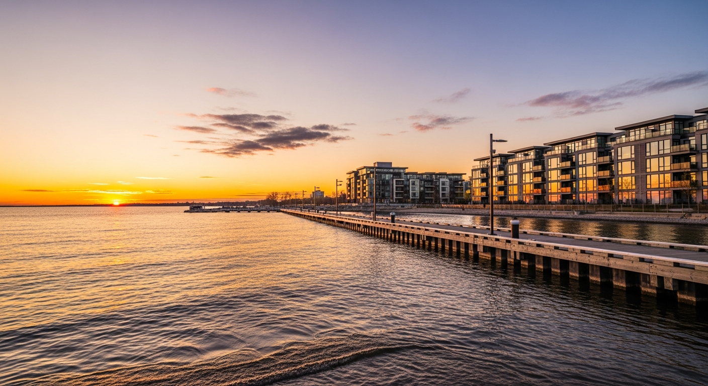 Ajax Ontario waterfront at golden hour with Lake Ontario and Pickering Beach