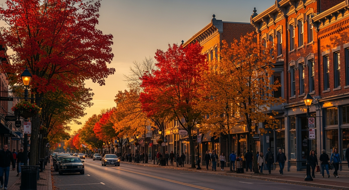 Aurora Ontario historic downtown at golden hour with Yonge Street and autumn maple colors