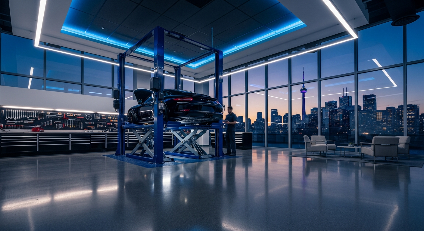 A premium Toronto auto repair shop with luxury vehicle on lift and sapphire ambient lighting