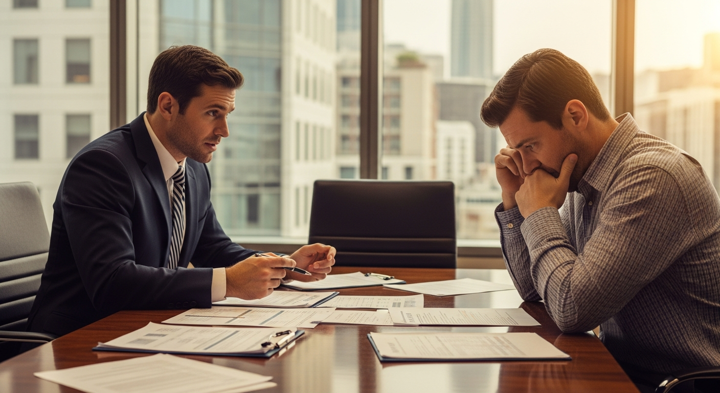 A bankruptcy attorney consulting with a stressed client across a polished conference table, financial documents spread out, modern downtown North American office with city skyline windows