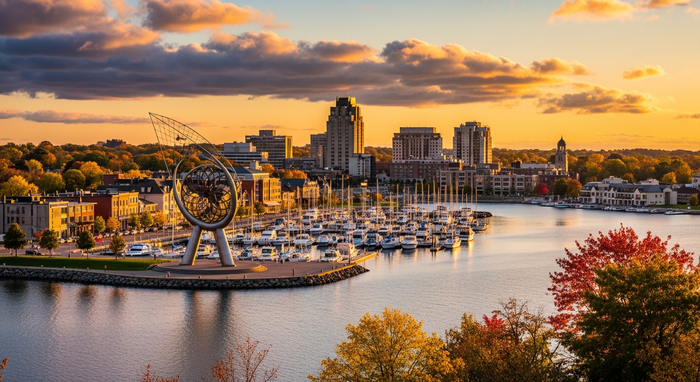 Barrie Ontario downtown skyline along Lake Simcoe at sunset with Spirit Catcher sculpture