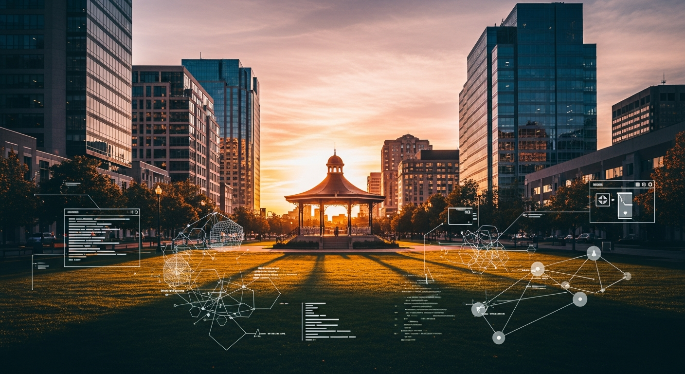 Brampton downtown at sunset with web design and code concept