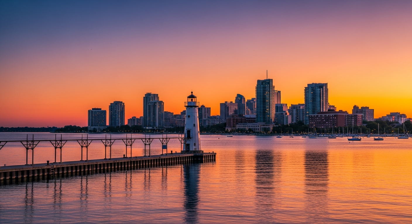 Burlington Ontario waterfront with downtown skyline at sunset and pier lighthouse