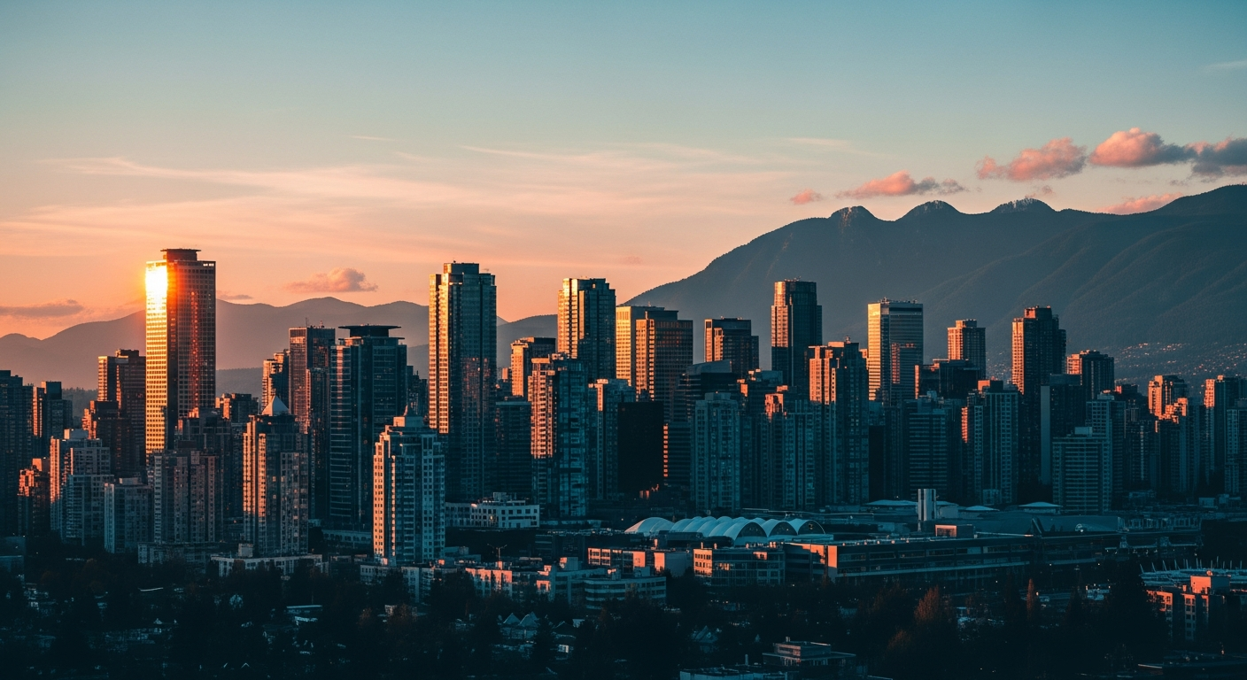 Burnaby BC Metrotown skyline at sunset with Brentwood Town Centre towers and North Shore Mountains