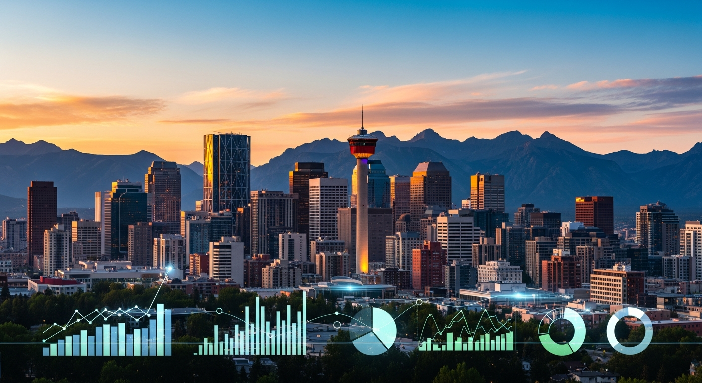 Calgary downtown skyline at sunset with digital marketing analytics concept