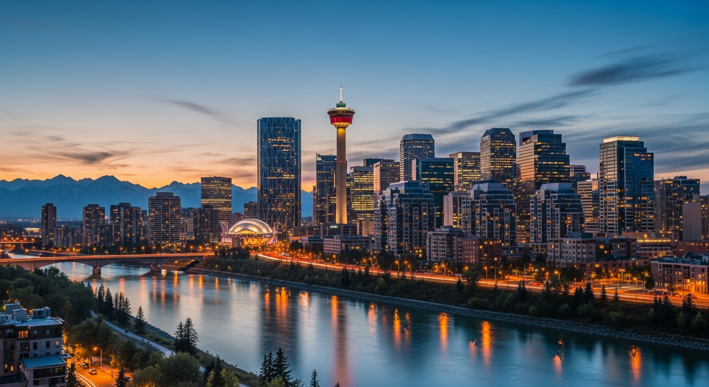 Calgary downtown skyline at dusk with Calgary Tower and Rocky Mountains in background