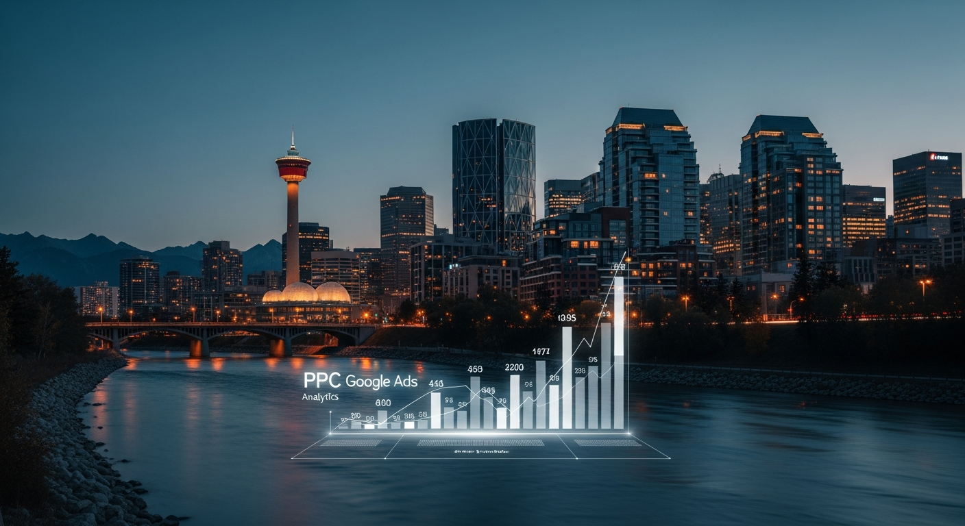 Calgary downtown skyline at twilight with PPC analytics concept