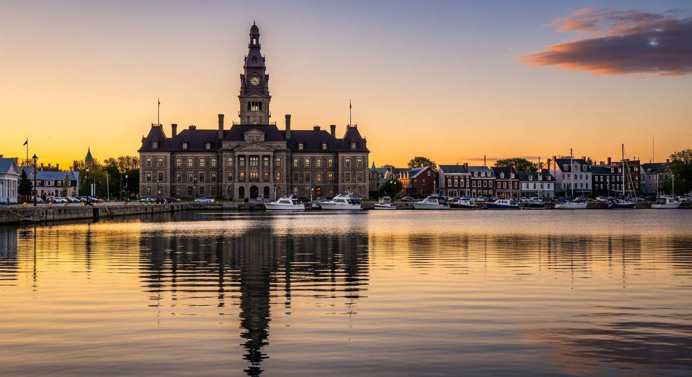 Charlottetown PEI waterfront at golden hour with historic Province House and harbour
