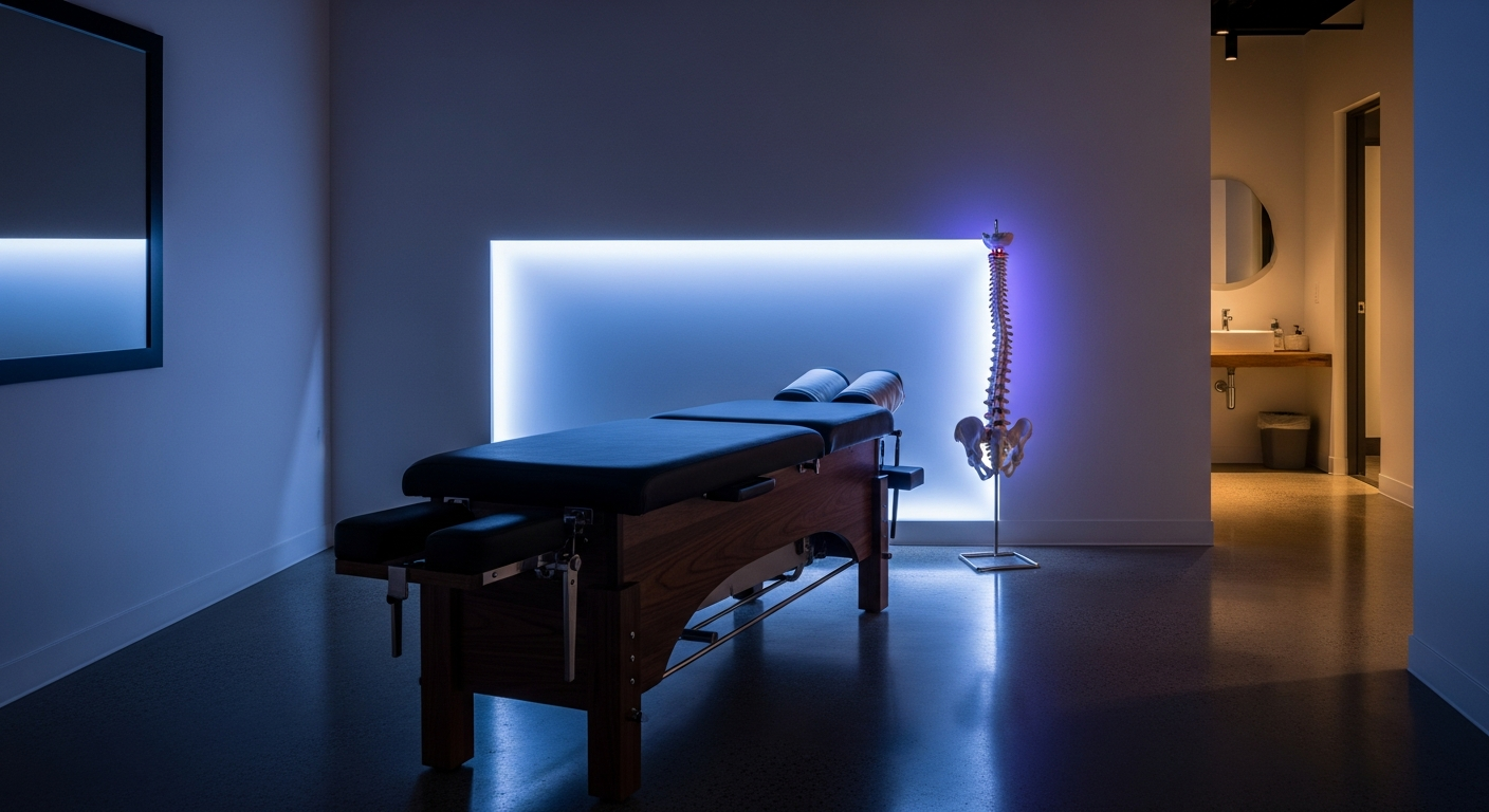 A premium minimalist Toronto chiropractic clinic at dusk with sapphire ambient lighting