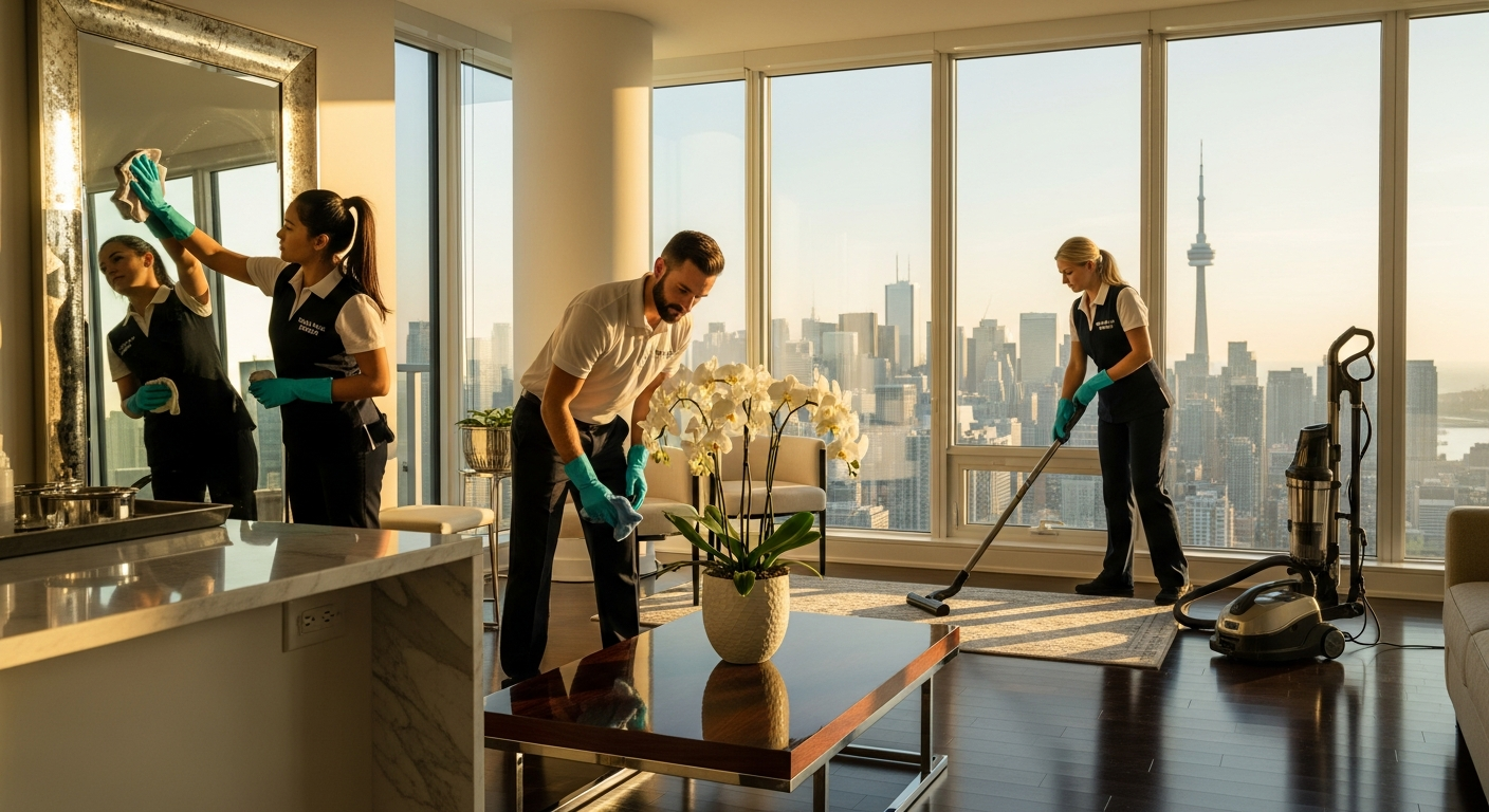 A premium Toronto residential cleaning team finishing a luxury Yorkville condo at golden hour with spotless surfaces gleaming