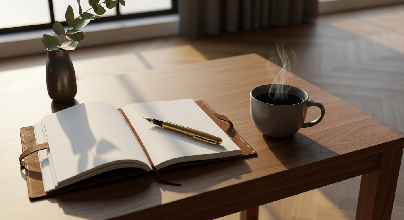 A senior strategist's desk at golden hour — leather notebook, polished walnut surface, warm sunlight, a thin laptop showing an analytics dashboard