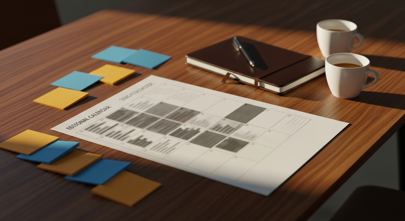 A content strategy session table at dusk with editorial calendar, sticky notes, and espresso cups