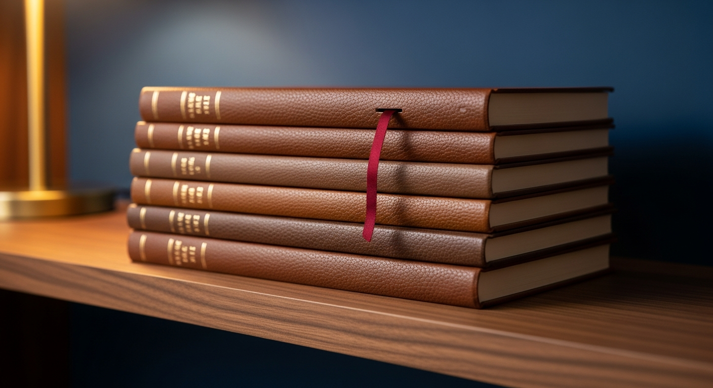 A stack of premium leather-bound books on a walnut shelf with warm lamp light pooling from the side