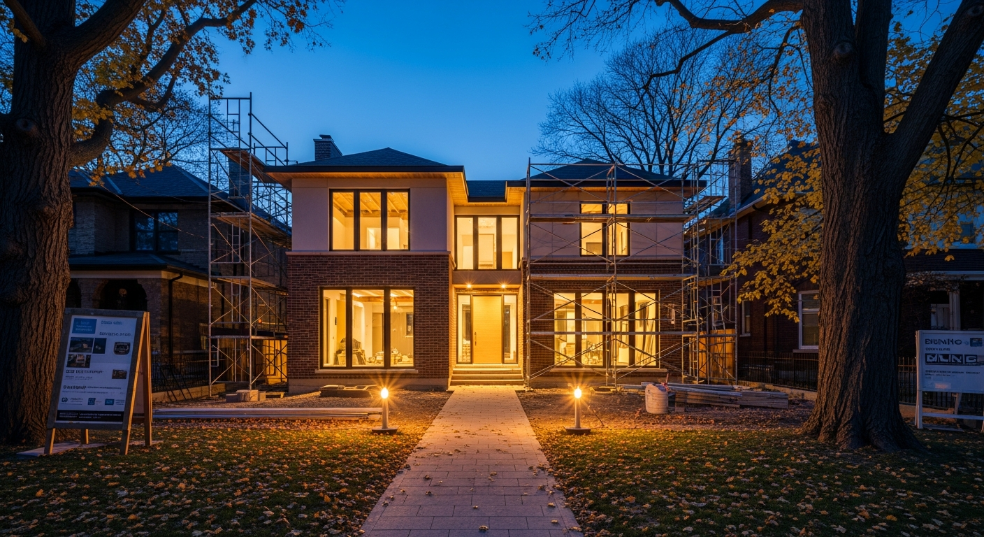 A premium custom-home renovation site in a Toronto neighbourhood at dusk