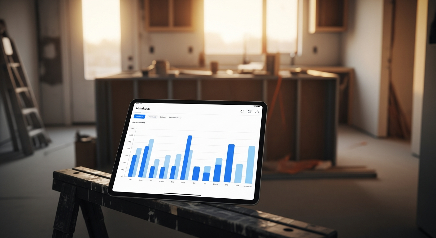 A contractor's iPad showing an analytics dashboard on a clean Toronto renovation site