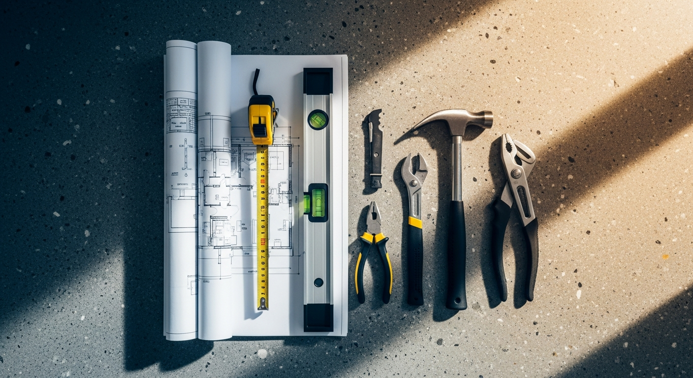 Architectural blueprints, a tape measure, and premium tools laid out on polished concrete in a Toronto renovation site