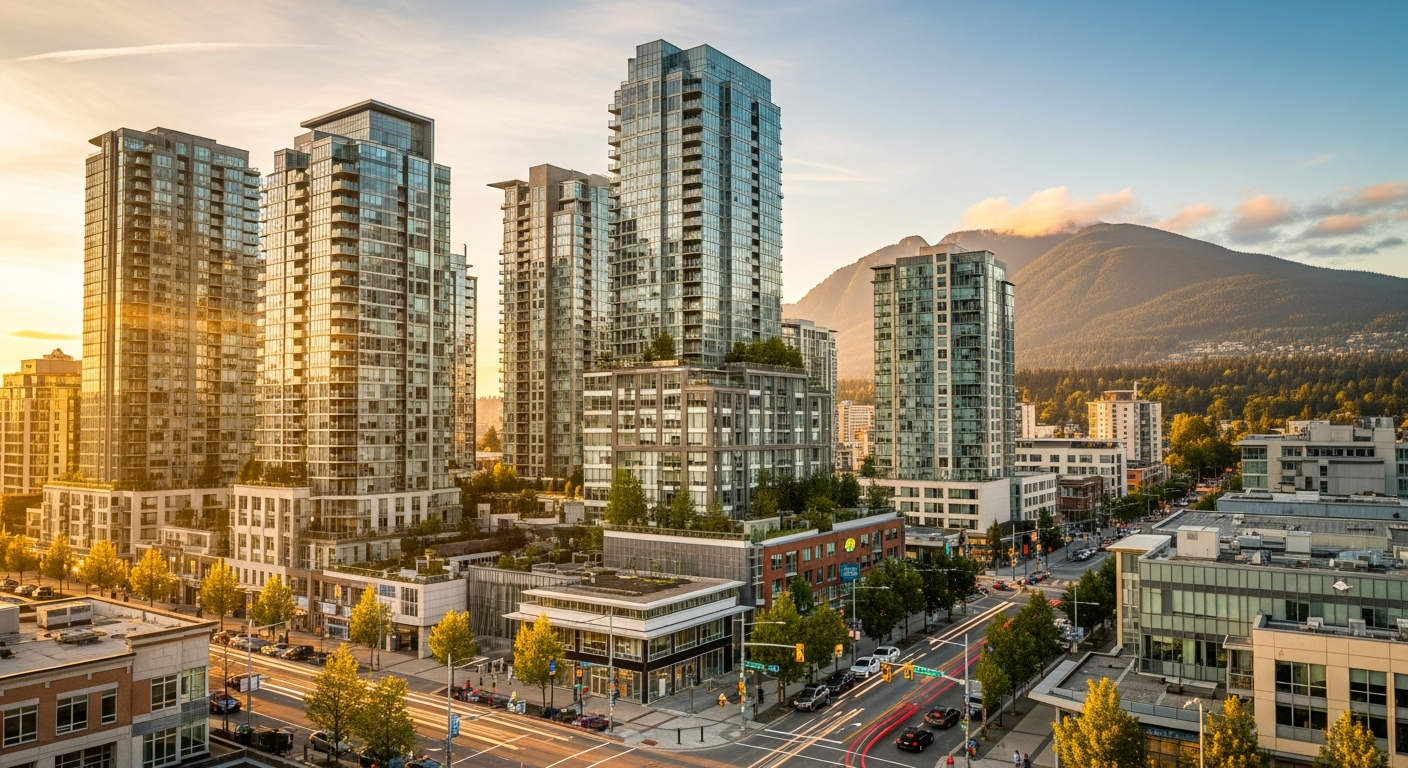 Coquitlam BC modern downtown towers and city centre at golden hour with Burke Mountain in background