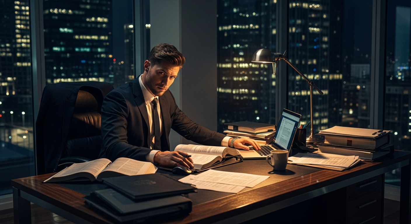 A criminal defense attorney preparing case files at a modern desk in a downtown law office at night, focused intense expression, city lights through floor-to-ceiling windows