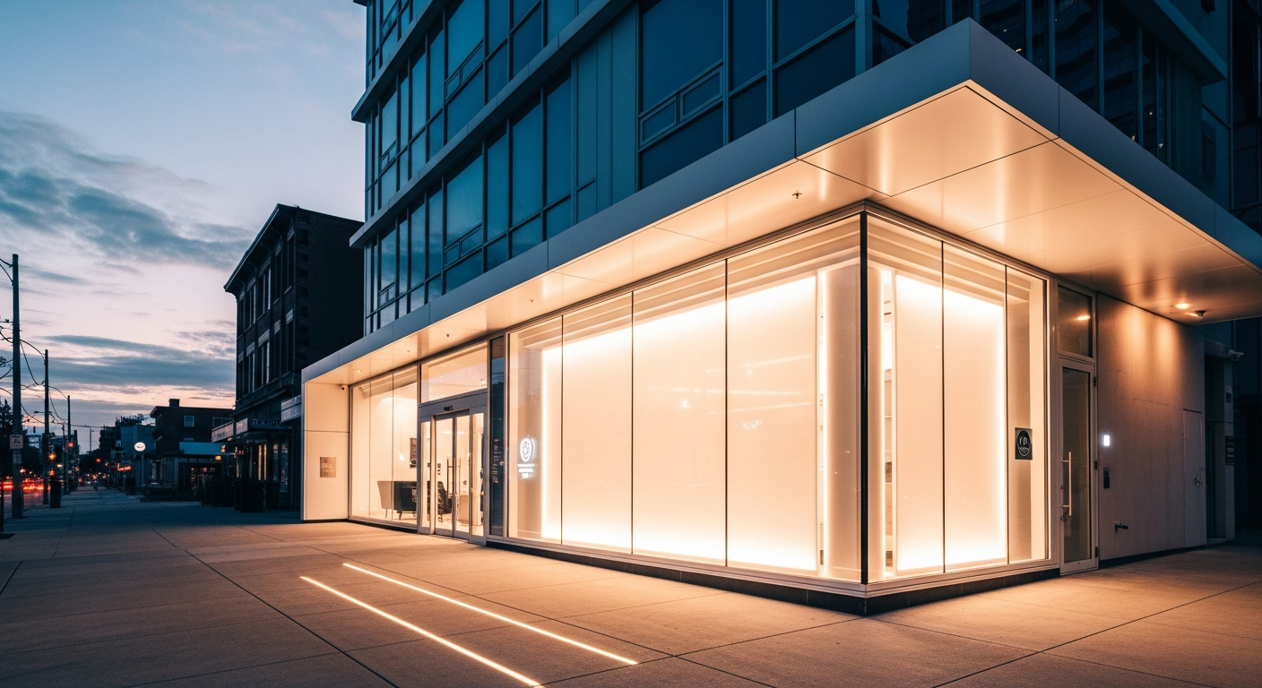 A sleek modern dental clinic exterior on a Toronto street at dusk