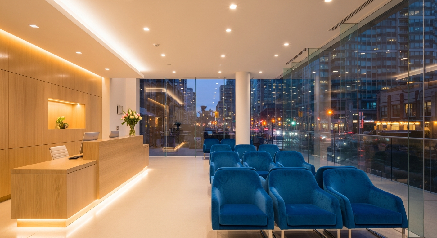 A modern dental clinic reception area at dusk with warm wood and sapphire upholstery