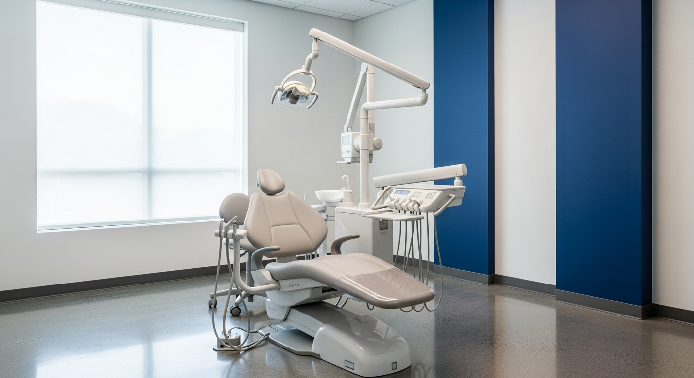 A pristine modern dental treatment room with sleek equipment and natural light