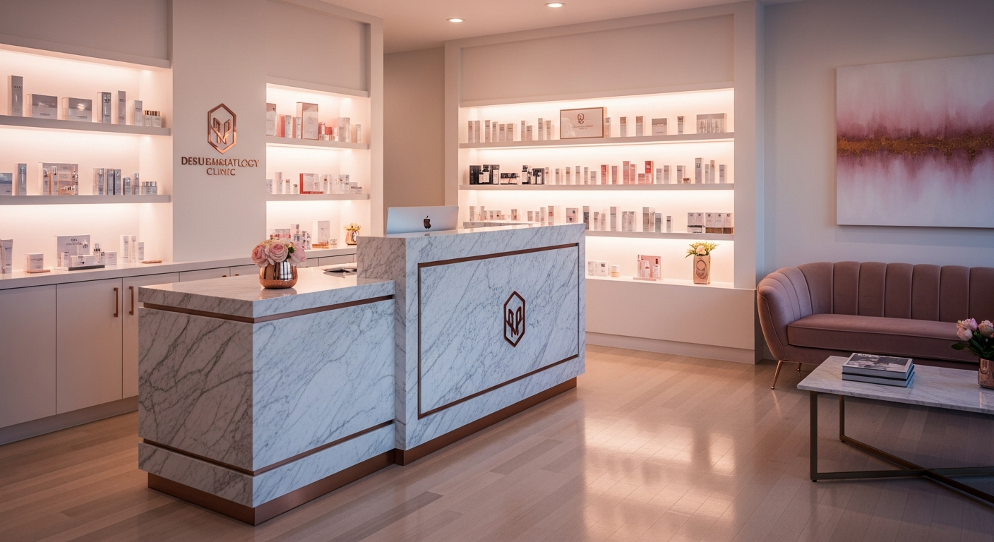 A premium dermatology clinic reception with modern marble counter, soft rose-gold accents, and luxury skincare displays