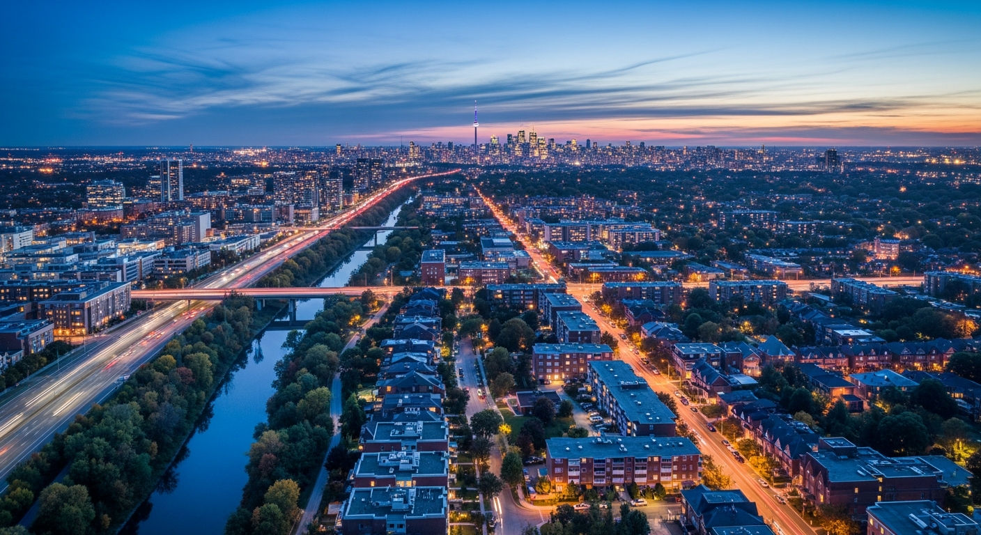 Aerial view of East York at dusk in the Greater Toronto Area