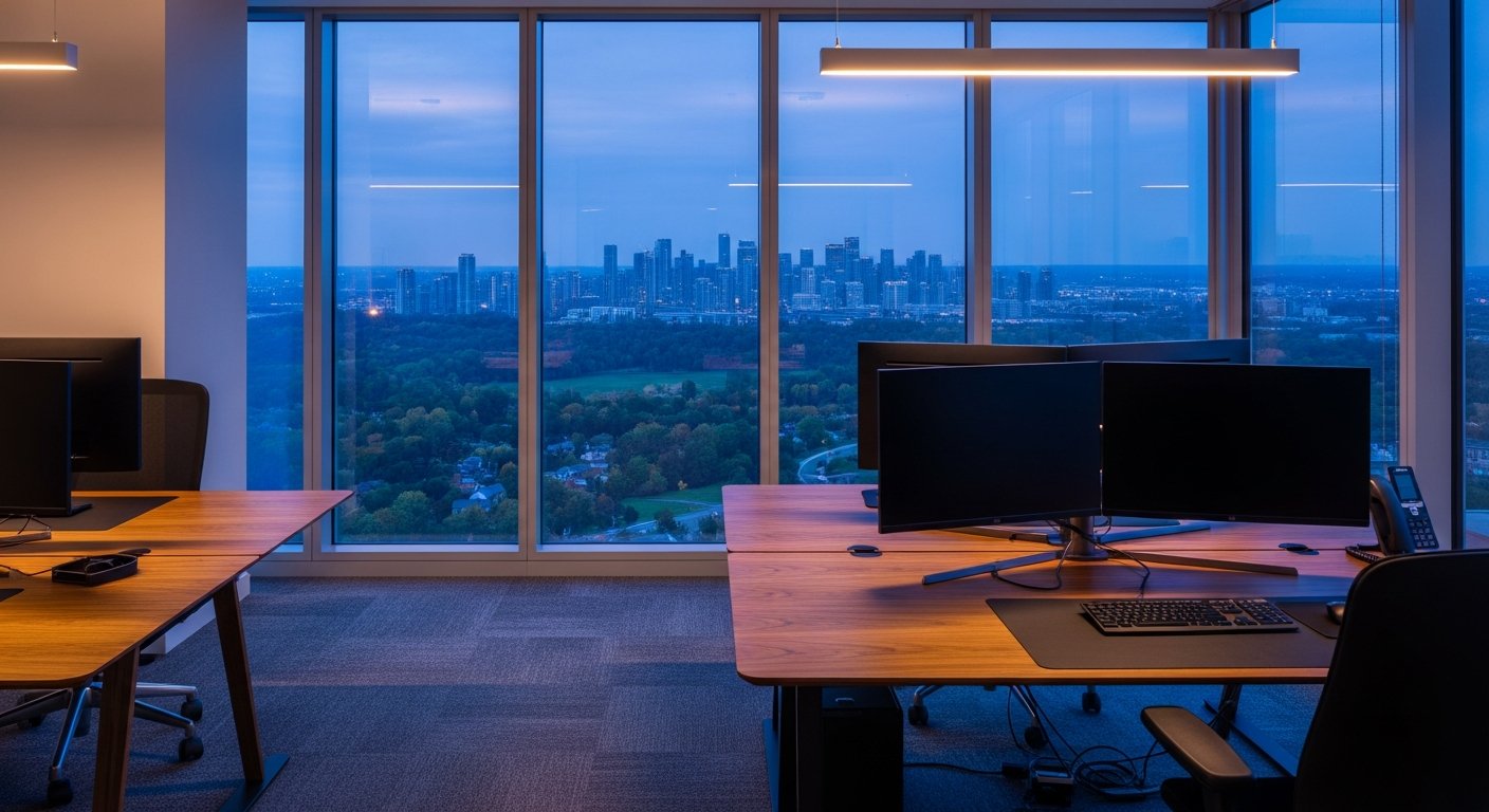 A modern marketing strategist's workspace overlooking East York at dusk