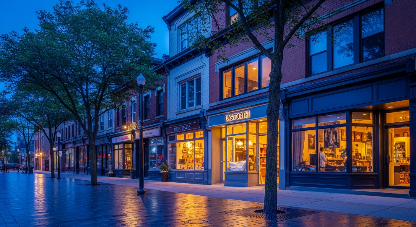 A modern East York streetscape at dusk with warm storefront lighting