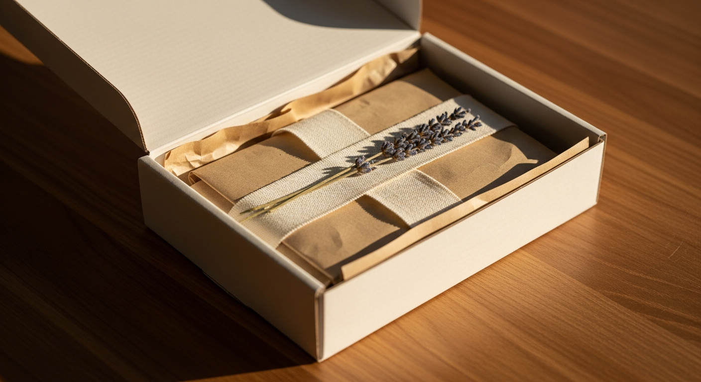 A premium DTC unboxing moment — a matte-white box with kraft tissue and dried lavender on walnut