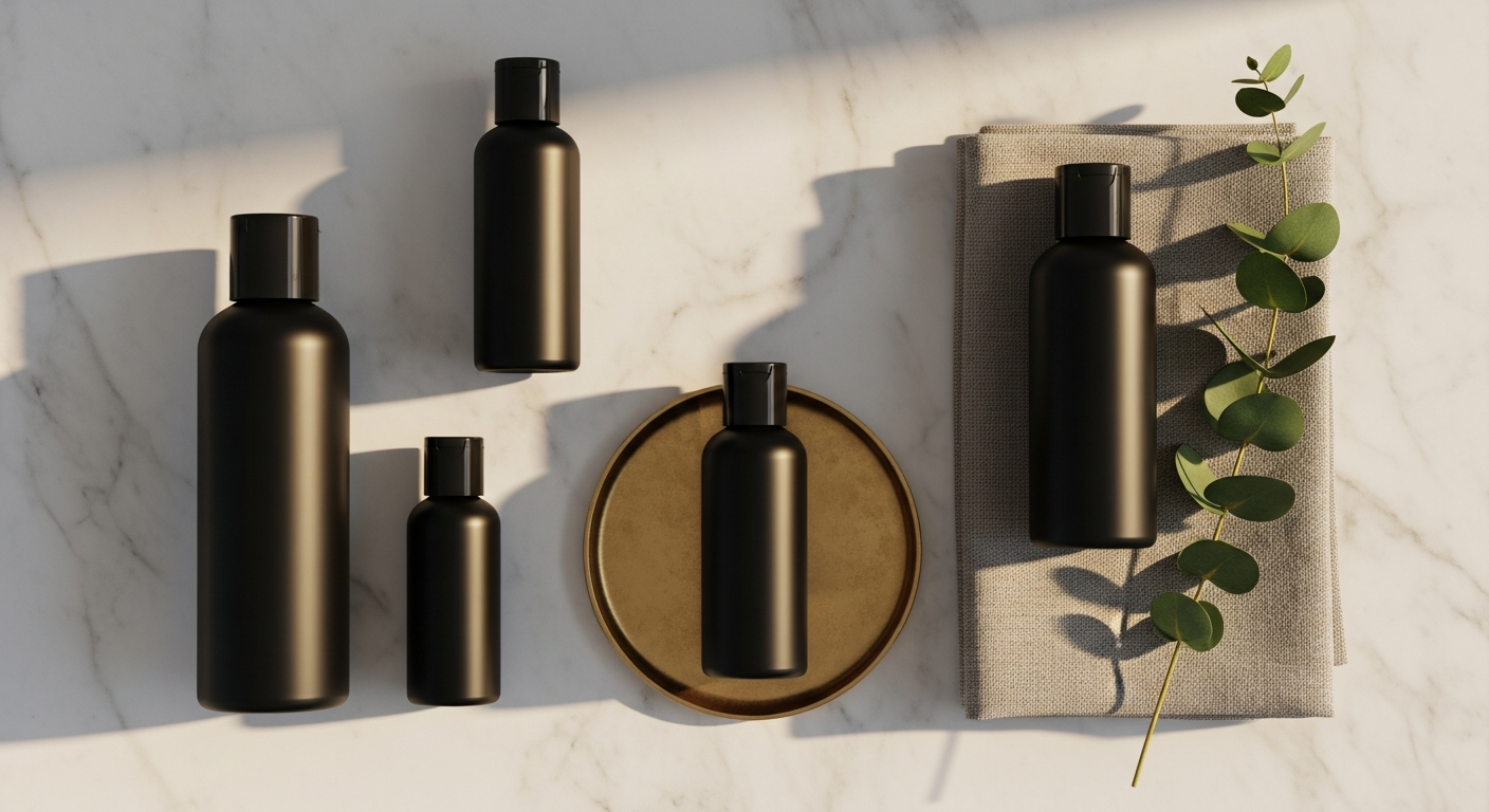 An overhead flat-lay of premium DTC products on marble — matte black bottles, folded linen, brass tray