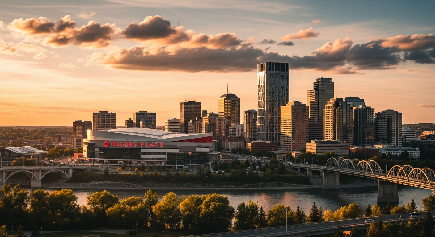 Edmonton downtown skyline at golden hour with the High Level Bridge over the river valley