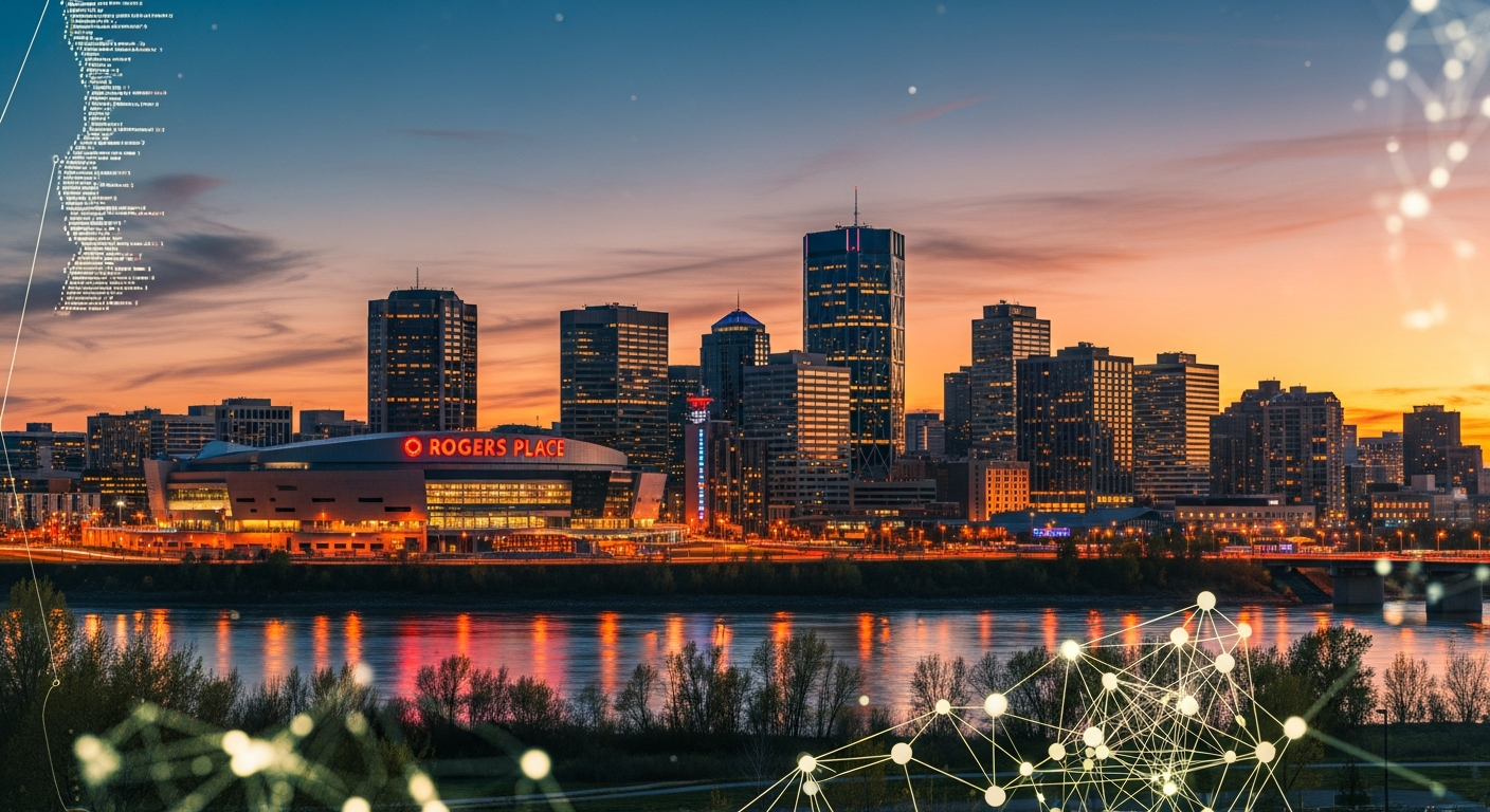 Edmonton downtown skyline at sunset with web design code concept