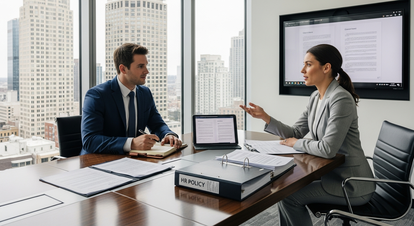An employment lawyer consulting with a corporate executive client in a sleek modern boardroom, contracts and HR policy documents on table