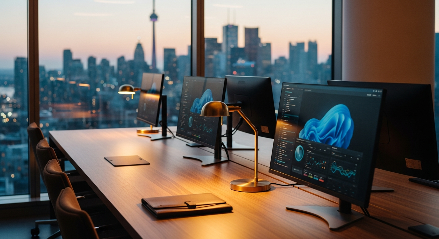A premium enterprise data operations workspace with multiple curved monitors showing abstract sapphire dashboards
