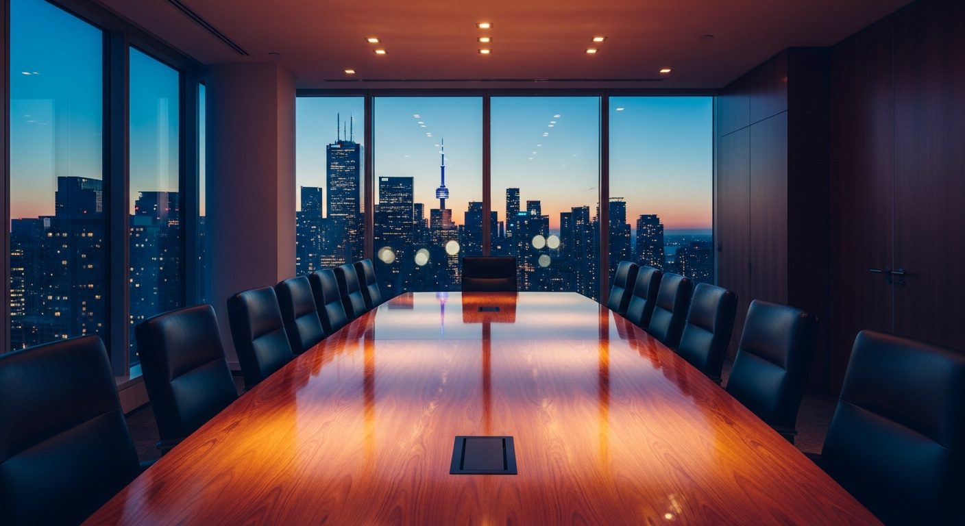 A sophisticated empty Toronto enterprise boardroom on a high floor at dusk with city views
