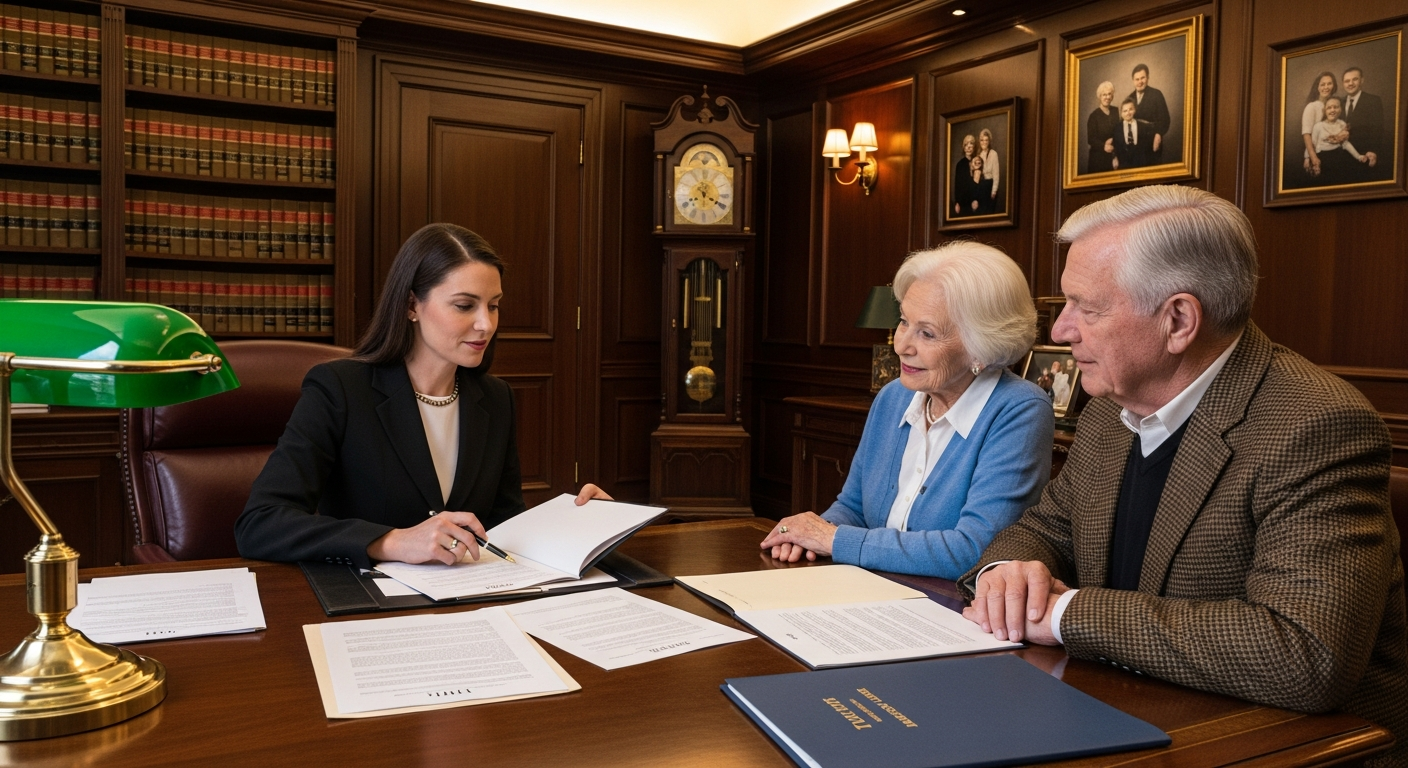 An estate planning lawyer reviewing a will and trust documents with an elderly couple in a mahogany office, soft warm lighting, family portraits subtly visible