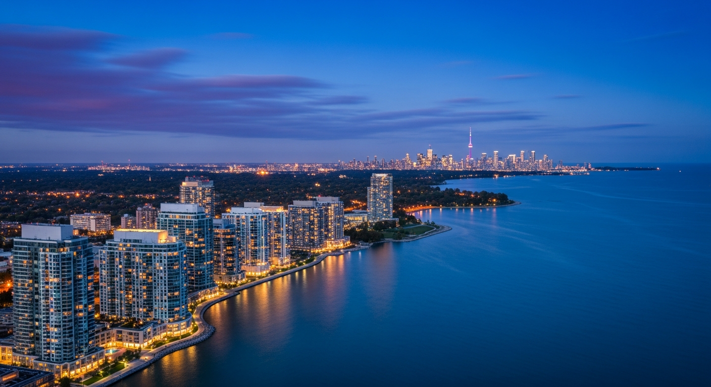 Aerial view of Etobicoke at dusk in the Greater Toronto Area