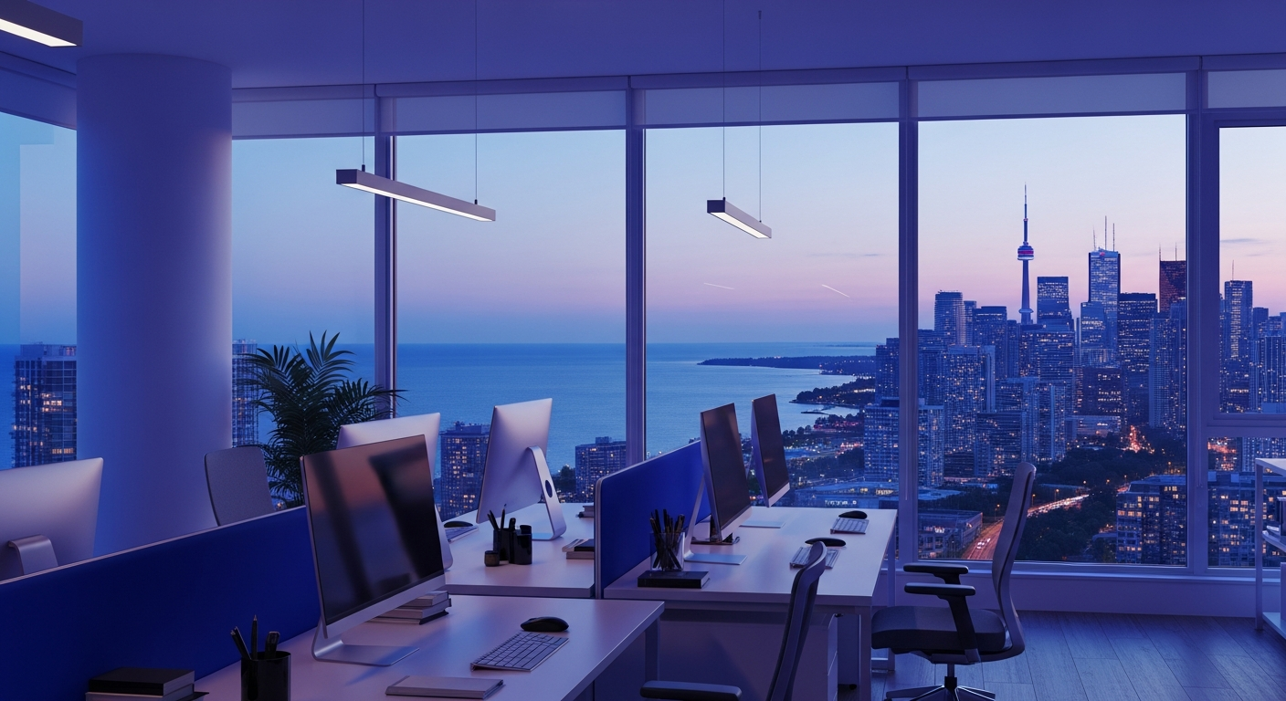 A modern marketing strategist's workspace overlooking Etobicoke at dusk