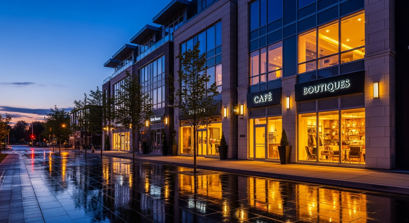 A modern Etobicoke streetscape at dusk with warm storefront lighting