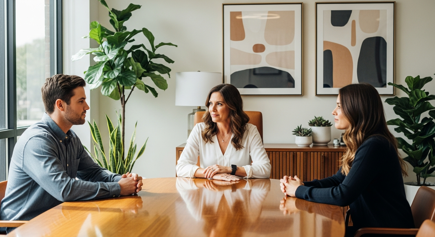 A family law attorney mediating a calm conversation between two clients at a circular conference table in a warm modern office with plants