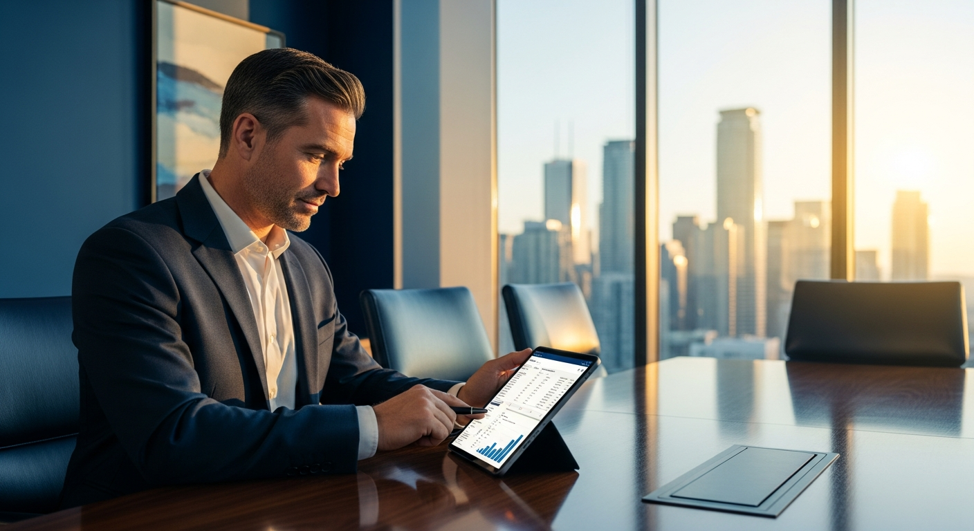 A premium Toronto financial advisor reviewing wealth-management portfolios on a tablet in a sleek Bay Street boardroom at sunset