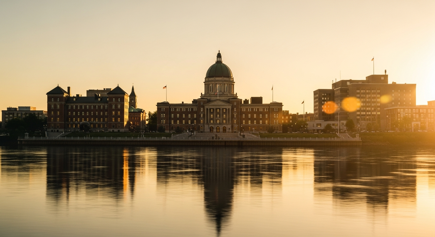 Fredericton New Brunswick downtown at golden hour with Saint John River and historic capital architecture