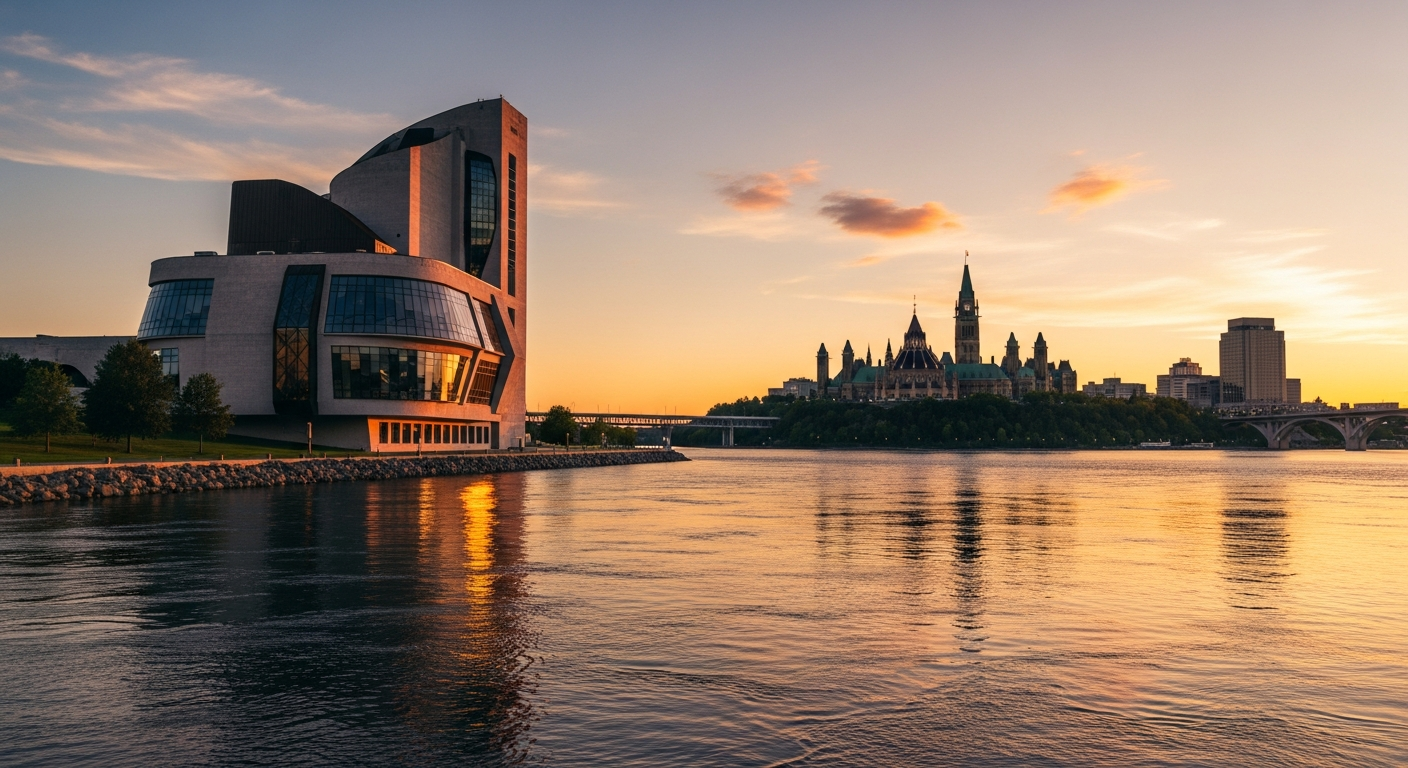 Gatineau Quebec waterfront at golden hour with Ottawa River and Canadian Museum of History