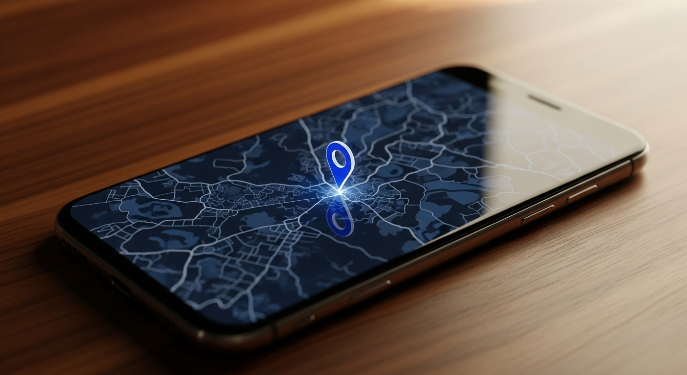 A smartphone resting on polished walnut showing an abstract dark map with a glowing sapphire location pin