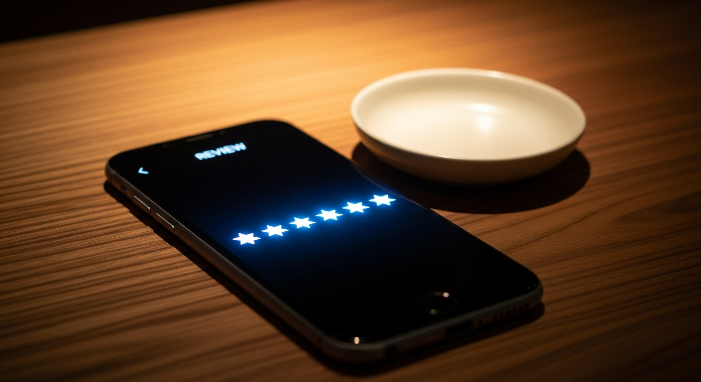 A smartphone on walnut showing an abstract review interface with five glowing sapphire stars