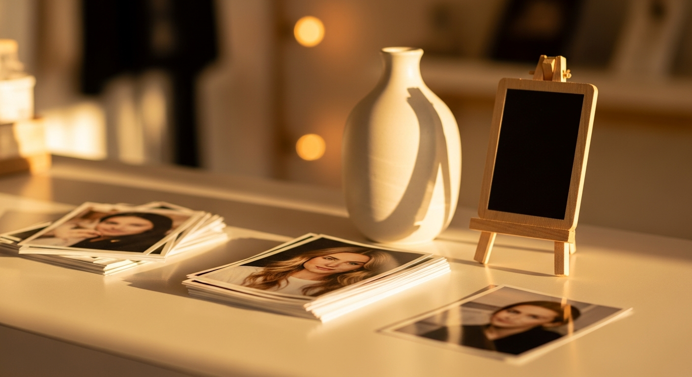 A Toronto small-business countertop at golden hour with product photos, a ceramic vase, and warm interior light