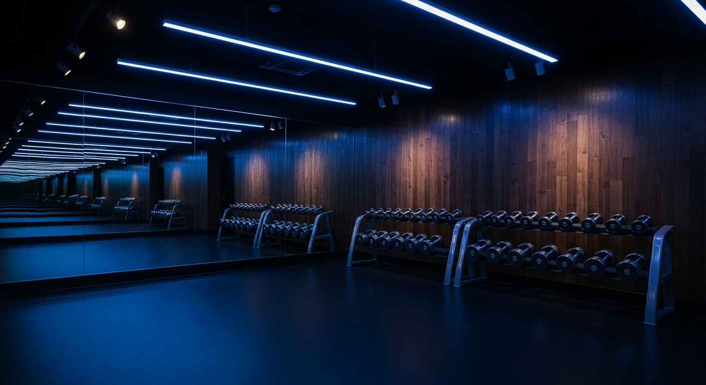 A premium dark boutique fitness studio in Toronto at night with sapphire LED accent lighting